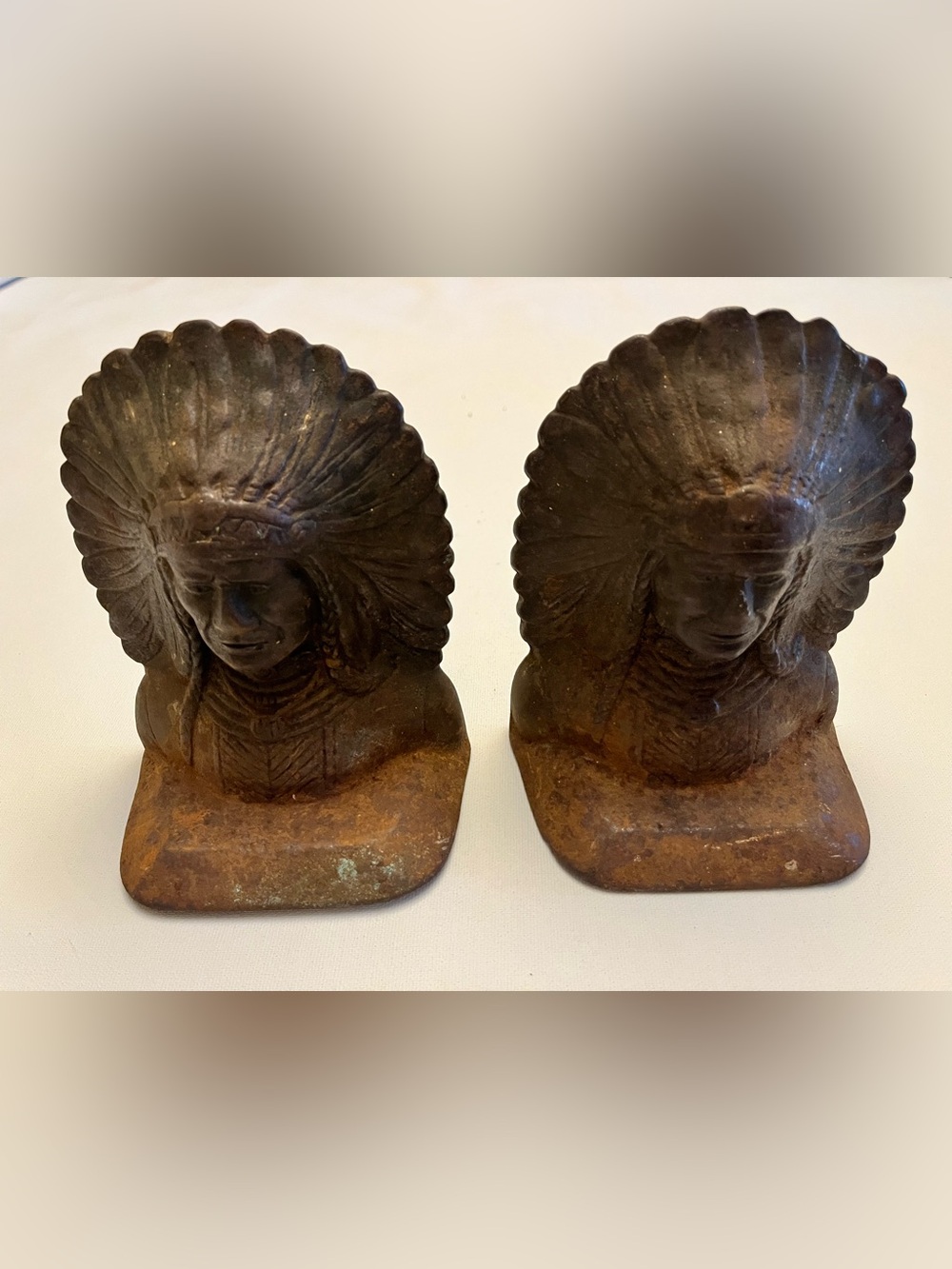 Vintage Native American Indian Chief Bust Bookends -Heavy Cast Iron Pair- Rustic